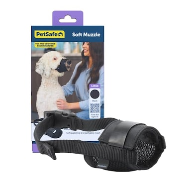 PetSafe Dog Muzzle Large Black Comfortable Padding Adjustable Sizing for Small Medium and Large Dogs Prevents Biting Allows Room to Pant Perfect for Visits to the Vet or Groomer