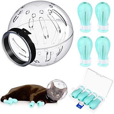 LEIFIDE Cat Muzzle for Grooming Cat Adjustable Hood with Paw Covers Kitten Breathable Anti Bite Muzzles Anti Scratch Boots Silicone Pussy Shoes Boots Kitten Paw Protector for Pet Bathing ShavingLarge