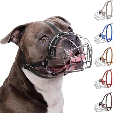 BRONZEDOG Pitbull Dog Muzzle Breathable Metal Basket for Large Dogs Amstaff Staffordshire Terrier Biting Chewing Barking Leather Black