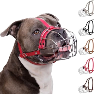 BRONZEDOG Pitbull Dog Muzzle Breathable Metal Basket for Large Dogs Amstaff Staffordshire Terrier Biting Chewing Barking Leather Pink