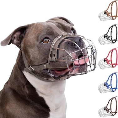 BRONZEDOG Pitbull Dog Muzzle Breathable Metal Basket for Large Dogs Amstaff Staffordshire Terrier Biting Chewing Barking Leather Gray