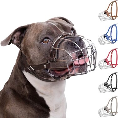 BRONZEDOG Pitbull Dog Muzzle Breathable Metal Basket for Large Dogs Amstaff Staffordshire Terrier Biting Chewing Barking Leather Dark Brown
