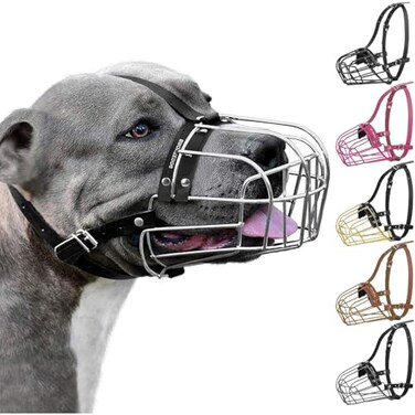 BRONZEDOG Pitbull Dog Muzzle Metal Mask Amstaff Wire Basket Pit Bull Adjustable Leather Straps for Large Dogs Steel