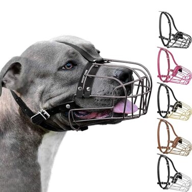 BRONZEDOG Pitbull Dog Muzzle Metal Mask Amstaff Wire Basket Pit Bull Adjustable Leather Straps for Large Dogs Graphite Metal