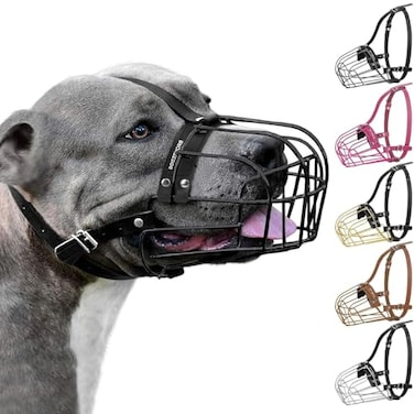 BRONZEDOG Pitbull Dog Muzzle Metal Mask Amstaff Wire Basket Pit Bull Adjustable Leather Straps for Large Dogs Black
