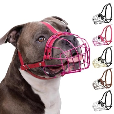 BRONZEDOG Pitbull Dog Muzzle Metal Mask Amstaff Wire Basket Pit Bull Adjustable Leather Straps for Large Dogs Pink