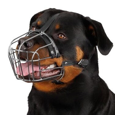 BRONZEDOG Dog Muzzle Adjustable Durable Metal Wire Basket for Large and Extra Large Dogs with Leather Straps Breathable Drinkable Training Prevents Biting Stainless Steel Rottweiler
