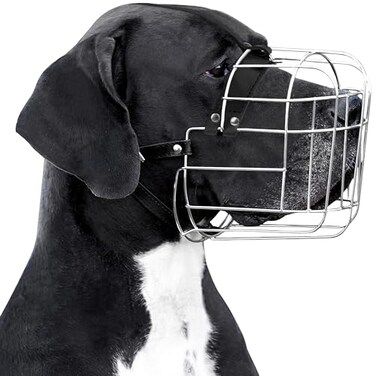 BRONZEDOG Dog Muzzle Adjustable Durable Metal Wire Basket for Large and Extra Large Dogs with Leather Straps Breathable Drinkable Training Prevents Biting Stainless Steel Great Dane