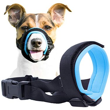 GoodBoy Gentle Muzzle Guard for Dogs Prevents Biting and Unwanted Chewing Safely New Secure Comfort Fit Soft Neoprene Padding No More Chafing Training Guide Helps Build Bonds with Pet L Blue