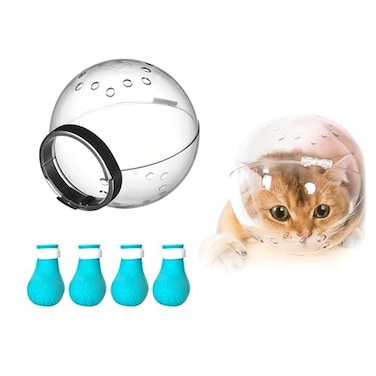 Augegel Cat Muzzle and Boots Adjustable Headgear for Grooming Breathable Hood Face Mask for Bathing Head Bubble Cover Anti Bite Cat Holder Helmet