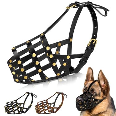 OOPSDOGGY Leather Dog Muzzle for German Shepherd Leather Breathable Secure Basket Muzzle Prevents Biting No Chewing Adjustable Black Large