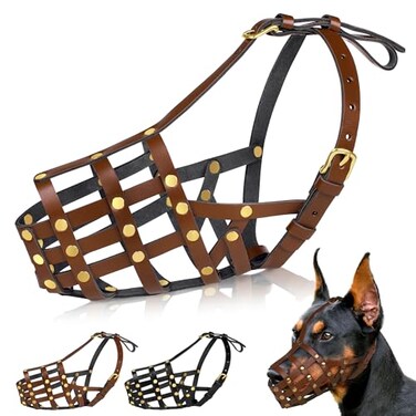 OOPSDOGGY Doberman Dog Muzzle for Large Dogs Leather Breathable Secure Basket Muzzle for Large Breeds Husky German Shepherd Prevents Biting No Chewing Adjustable Black