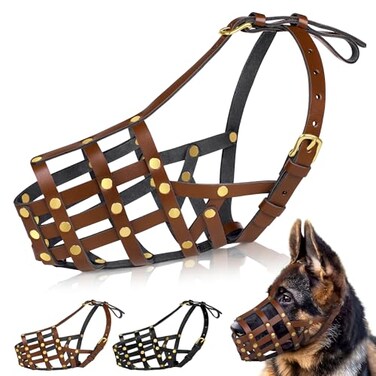 OOPSDOGGY Doberman Dog Muzzle for Large Dogs Leather Breathable Secure Basket Muzzle for Large Breeds Husky German Shepherd Prevents Biting No Chewing Adjustable Brown