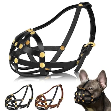 OOPSDOGGY French Bulldog Dog Muzzle for Short Snout Dog Leather Breathable Secure Basket Muzzle for Frenchie Prevents Biting No Chewing Adjustable Black