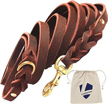 Leatherow 10 FT Braided Full Grain Leather Dog Leash Heavy Duty Long Training Lead for Large Medium Small Dogs Soft Strong Leather Leash for Walking Hiking Obedience Control Dark Brown