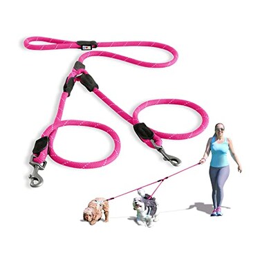 Pawtitas Double Leash for Two Dogs Great for Walking Training Comfortable Shock Absorbing Reflective Pet Rope Leash for 2 Dogs 6ft MediumLarge Pink
