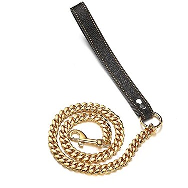 RUMYPET 3FT4FT5FT Heavy Duty Gold Dog Chain Leash 14MM Stainless Steel Miami Cuban Link Chain with Durable Genuine Leather Handle for Training Walking14mm3ft