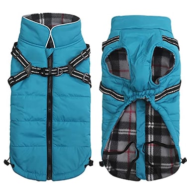 Geyecete Winter Warm Coat Waterproof Jacket with Harness Traction BeltPet Outdoor Jacket for Medium Small Dogs Blue