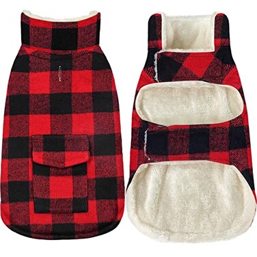 Malier Classic Plaid Fleece Dog Coat Warm Winter Jacket with Pocket Windproof for Small Medium Large Dogs Red XLarge