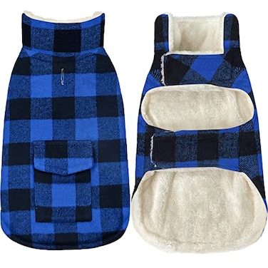 Malier Classic Plaid Fleece Dog Coat Jacket with Pocket Windproof Warm Dog Coat Vest Winter Pet Clothes Apparel for Small Medium Large Dogs Blue Medium