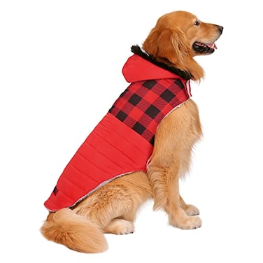 HDE Dog Puffer Jacket Fleece Lined Warm Dog Parka Winter Coat with Harness Hole Buffalo Plaid XL
