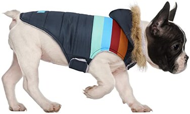 HDE Dog Puffer Jacket Fleece Lined Warm Dog Parka Winter Coat with Harness Hole Navy Retro Stripe S
