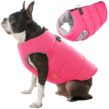 Gooby Padded Vest Dog Jacket Solid Pink Small Warm Zip Up Vest Fleece Jacket with Dual D Ring Leash Water Resistant for Small to Medium Dogs