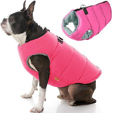 Gooby Padded Vest Dog Jacket Solid Pink Large Warm Zip Up Vest Fleece Jacket with Dual D Ring Leash Water Resistant for Small to Medium Dogs
