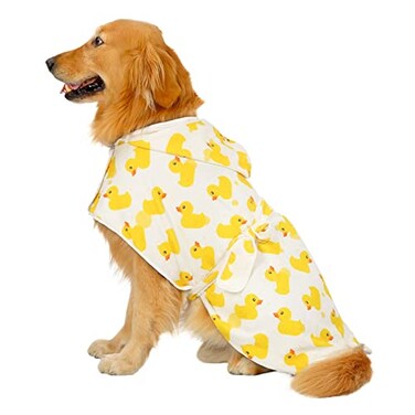 HDE Dog Bathrobe Super Absorbent Quick Drying Puppy Towel Wrap Coat Adjustable After Bath Robes with Hood for Dog Sizes SXXL White Rubber Ducks XXL