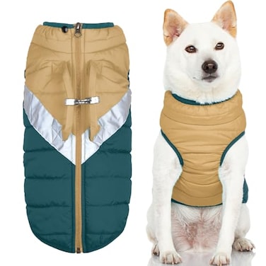 Gooby Mountaineer Dog Jacket Sand Medium Warm Zip Up Coat with Lift Handle and Dual O Ring Leash Water Resistant for Small to Medium Dogs