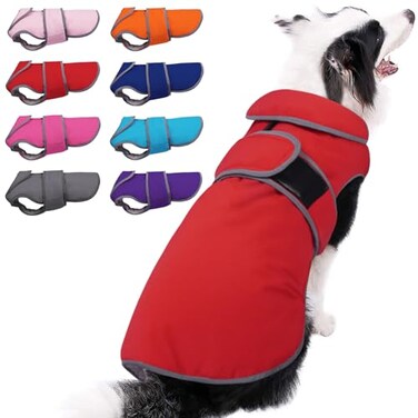 MIGOHI Reflective Waterproof Dog Coat Medium Red Fleece Lined Stormguard