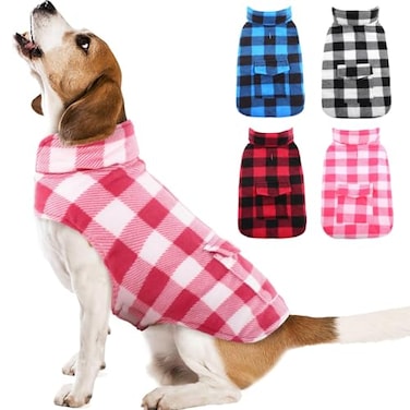Kuoser Dog Winter Coat Windproof Dog Fleece Jacket British Style Plaid Cold Weather Doggie Vest Coats Reversible Cozy Warm Pet Clothes Apparel for Medium Dogs M