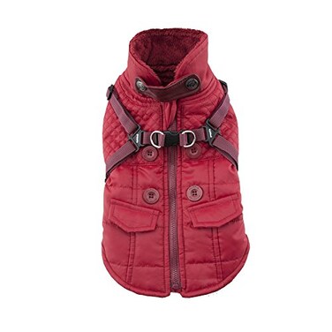 Puppia Wilkes Winter Dog Coat with Integrated Harness No Pull Cold Weather Waterproof Warm Fleece Back Zipper for Small Medium Dog Wine Small