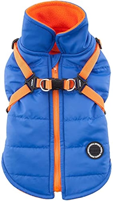Puppia Mountaineer Winter Dog Coat with integrated harness No Pull Cold Weather Waterproof Warm Fleece Back Zipper for Small Medium Dog ROYAL BLUE Medium