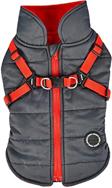 Puppia Mountaineer Winter Dog Coat with Integrated Harness No Pull Cold Weather Waterproof Warm Fleece Back Zipper for Small Medium Dog Grey XLarge