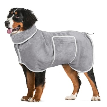 HhiMyOct Dog Bathrobe Towel Drying Coat Super Absorbent Dog Towels Bath Robe for Drying Dogs Large Soft Adjustable Collar Belly Strap Fast Drying Coat Pet Dog Cat Bath Robe Towel Grey XXLarge