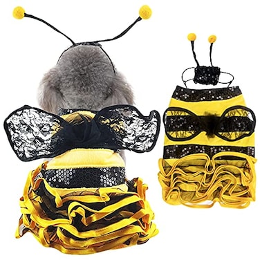 Coppthinktu Bee Dog Costume Bumblebee Dress for Small Medium Dogs Cats Funny Halloween Outfit with Cap