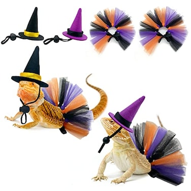 Vehomy 4Pcs Halloween Lizard Witch Costume Set Tutu Skirts Hats for Chick Hamster Bird Parrot Bearded Dragon