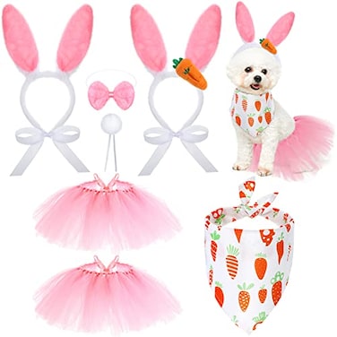 Janinka 7 Pieces Easter Dog Bunny Costume Set Pet Bunny Ears Headband Pink Tutu Skirt Triangle Bibs Pet Scarf with Tail Bow Tie Collar for Small Medium Large Dogs Easter Costume