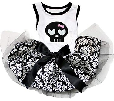 Petitebella Black Skull Face Puppy Dog Dress WhiteDamask Large