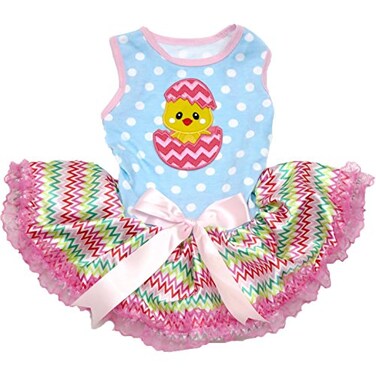 Petitebella Chick Egg Puppy Dog Dress for Dogs Blue DotsChevron Lace Small