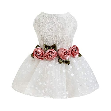 Fitwarm Luxury Rose Lace Pet Dog Weddding Dress Bride Clothes Formal Apparel Medium