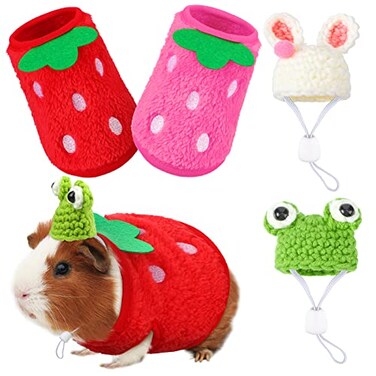 Mixweer 4 Pieces Guinea Pig Stuff Includes 2 Guinea Pig Clothes and 2 Cute Mini Hats with Adjustable Strap Small Animal Warm Vest Cozy Hand Knitted Hat for Hamster BunnyFrog Style