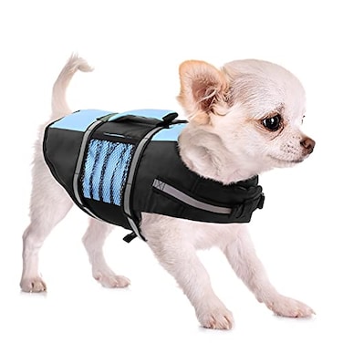 Queenmore Small Dog Life Jacket Adjustable Pet Life Vest for Small and Medium Dogs with High Buoyancy Rescue Handle Reflective Bands for Boating Canoeing Swimming