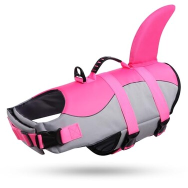 Queenmore Dog Life Jacket Ripstop Shark Dog Safety Vest Adjustable Preserver with High Buoyancy and Durable Rescue Handle for SmallMediumLarge Dogs Pink Shark Medium