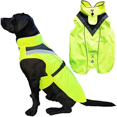 Lautus Pets Waterproof Dog Rain Coat Reflective Safety Strips Leash Hole Lightweight Adjustable Jacket for Medium Breeds L Yellow