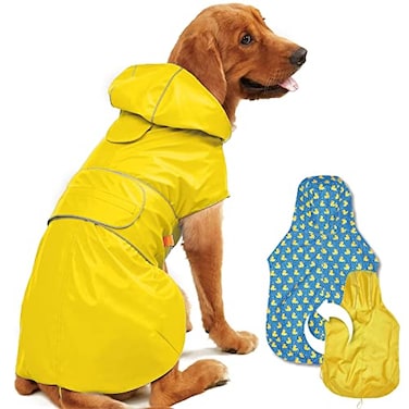 Kimee Dog Raincoat Reversible Single Side Slicker Poncho Adjustable Waterproof Dog Rain Jacket with Leash HoleReflective Stripe Hooded Snowproof Windproof Clothes for Small to 3XLarge Dogs L