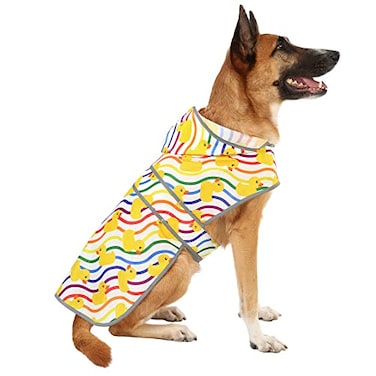 HAPPIERE Dog Raincoat for Large Dogs Waterproof Jacket Hooded Rain Coats with Reflective Strips Leash Hole Poncho Adjustable Fit RainbowXXL