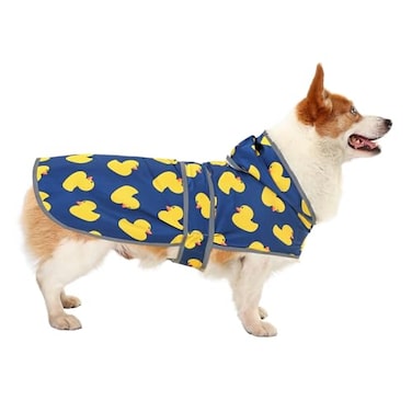 HAPPIERE Dog Raincoat for Large Dogs Waterproof Jacket Hooded Rain Coats with Reflective Strips Leash Hole Poncho Adjustable Fit DuckL
