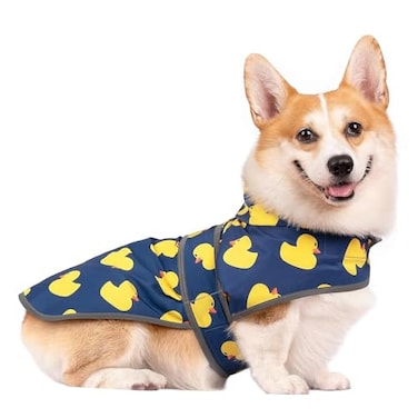 HAPPIERE Dog Raincoat for Medium Dogs Waterproof Jacket Hooded Rain Coats with Reflective Strips Leash Hole Poncho Adjustable Fit DuckM